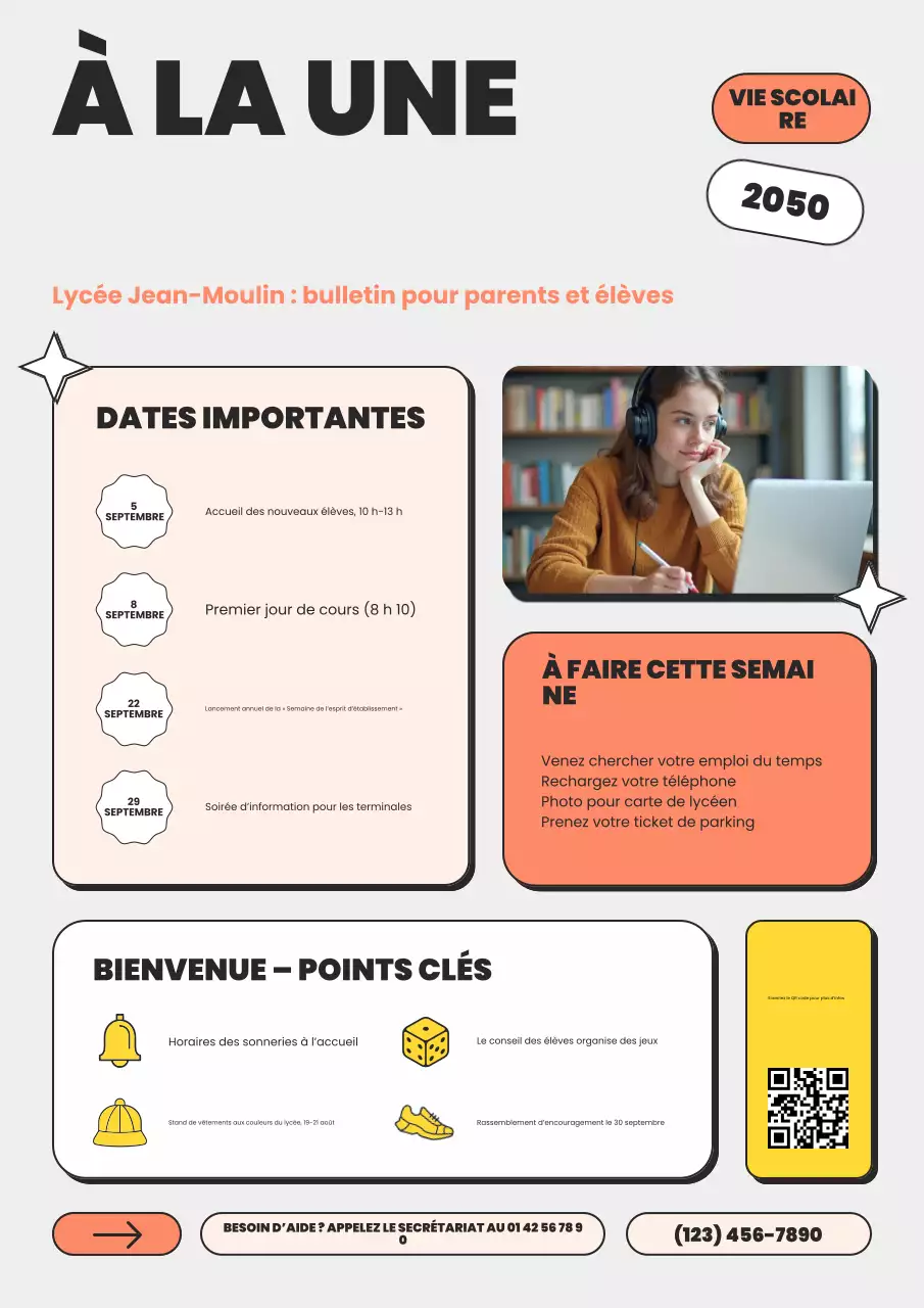 Affiche colorée et amusante de la rentrée scolaire du lycée, en jaune et en vert
