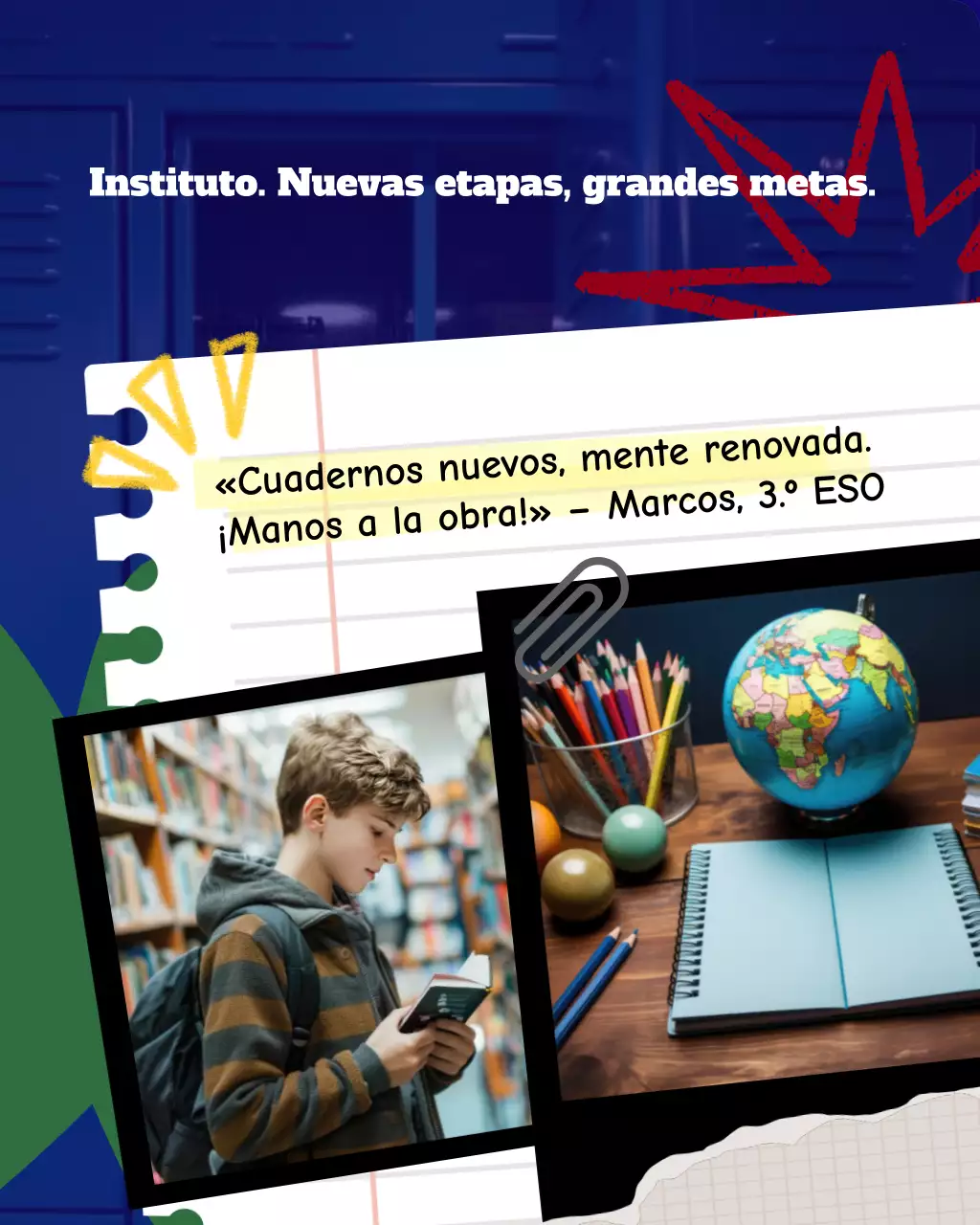 Plantilla para redes sociales de la escuela secundaria con fotos de regreso a clases en tonos azul marino, carmesí y verde.