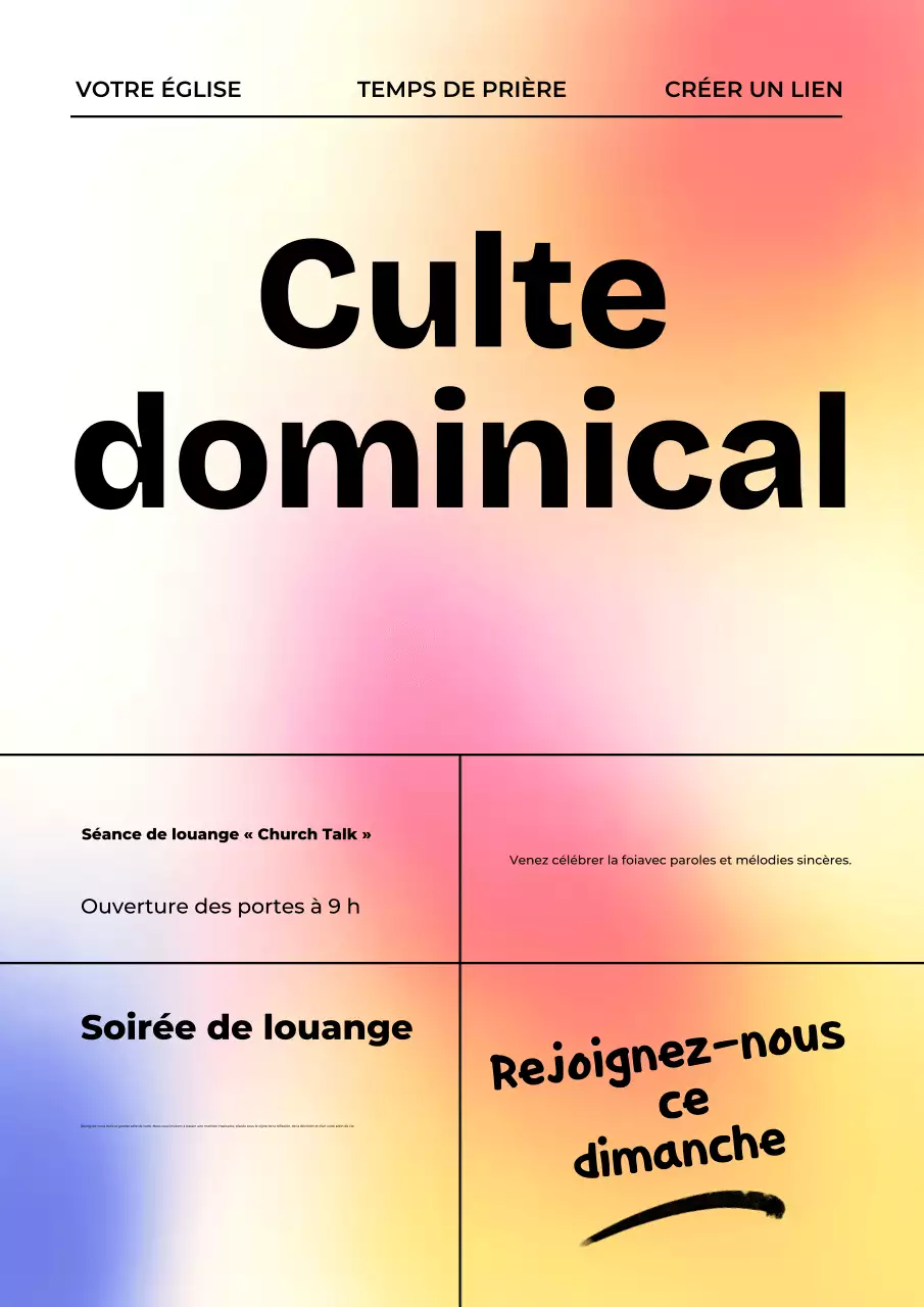 Affiche d'invitation au culte moderne et colorée