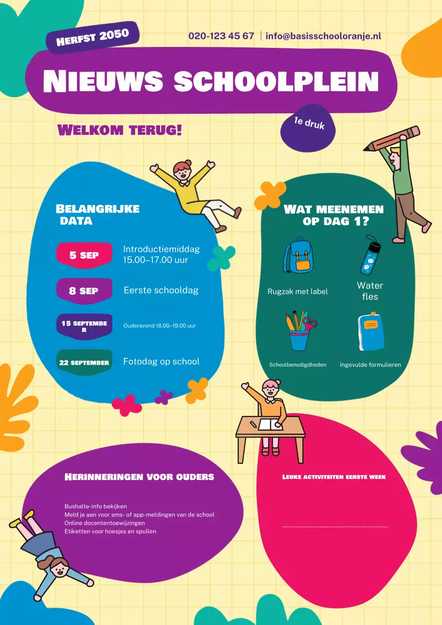 Blauwe en gele, leuke, kleurrijke poster met de nieuwsbrief voor de basisschool terug naar school