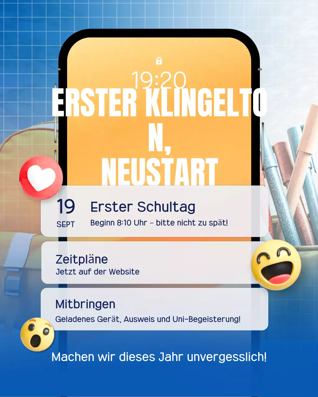 Gelber, energetischer Instagram-Beitrag zur modernen Schulankündigung