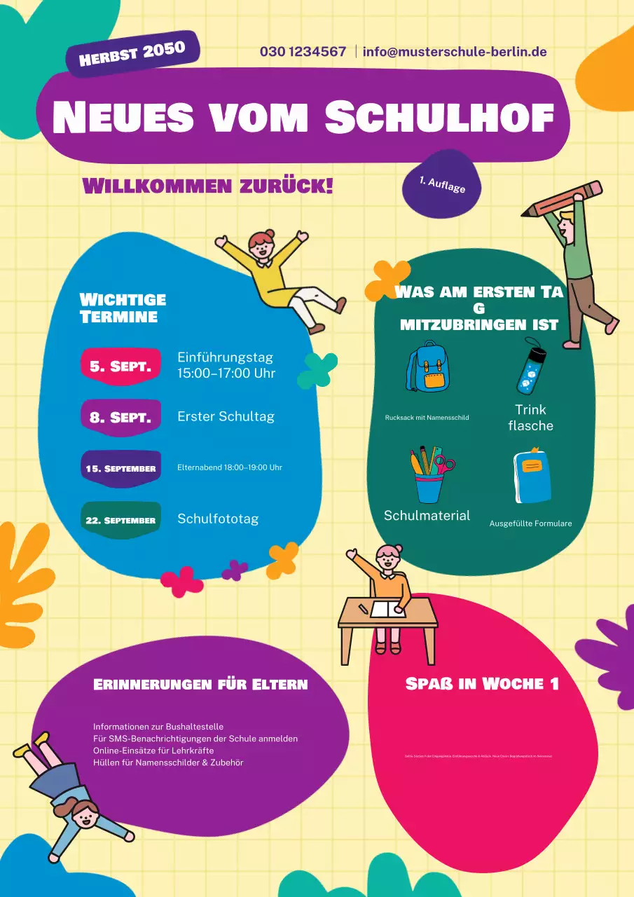 Blau und Gelb Spaß Bunte Zurück zur Schule Grundschule Newsletter Poster