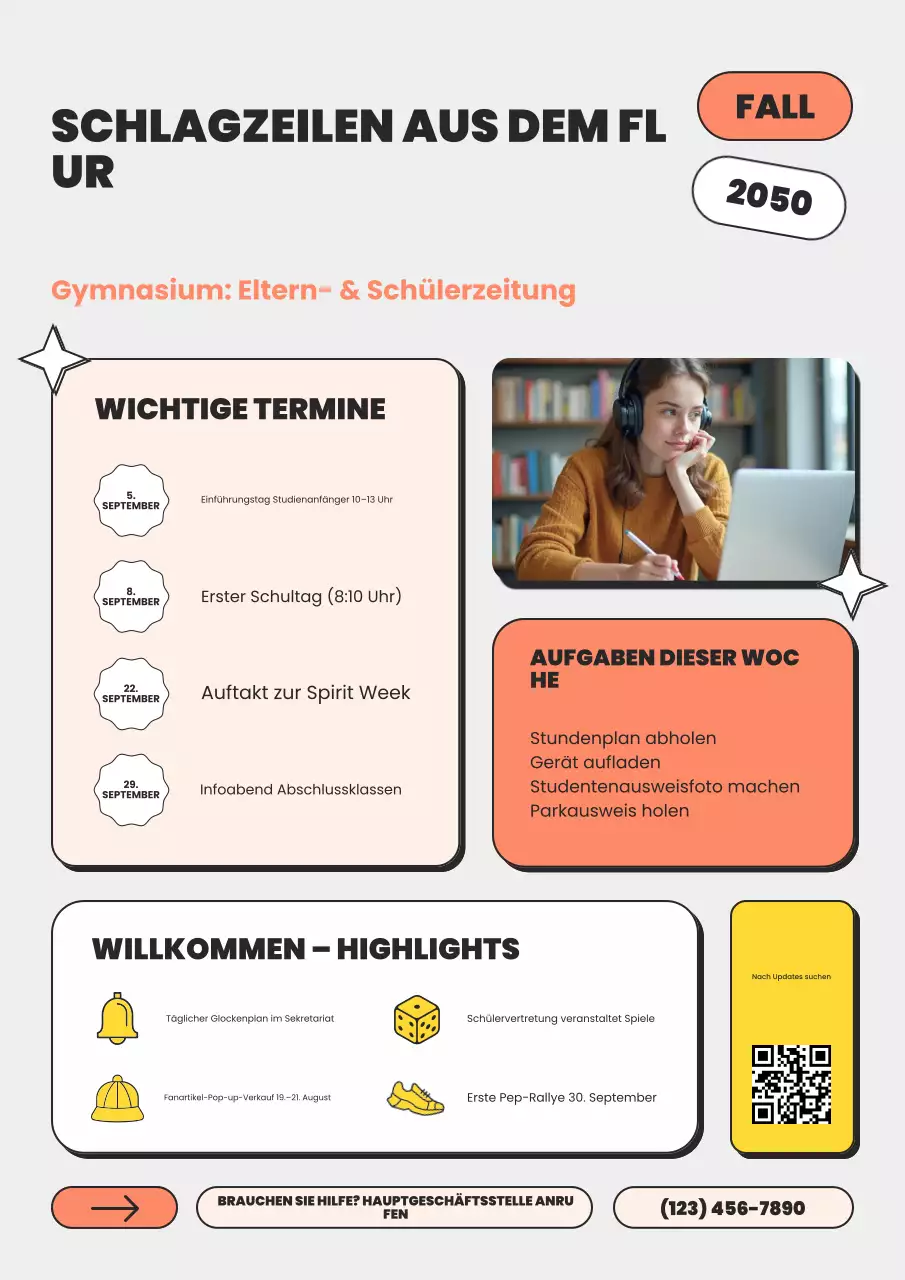 Gelbes und grünes, lustiges, farbenfrohes „Back to School“-Newsletter-Poster für die High School