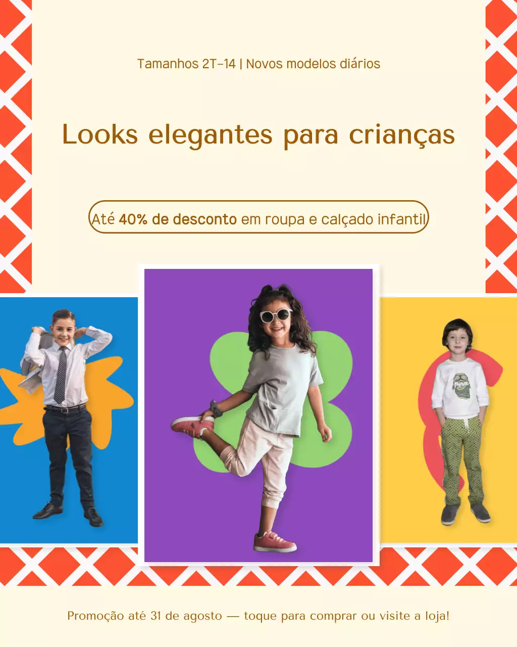Postagem de promoção de moda infantil colorida e moderna no Instagram