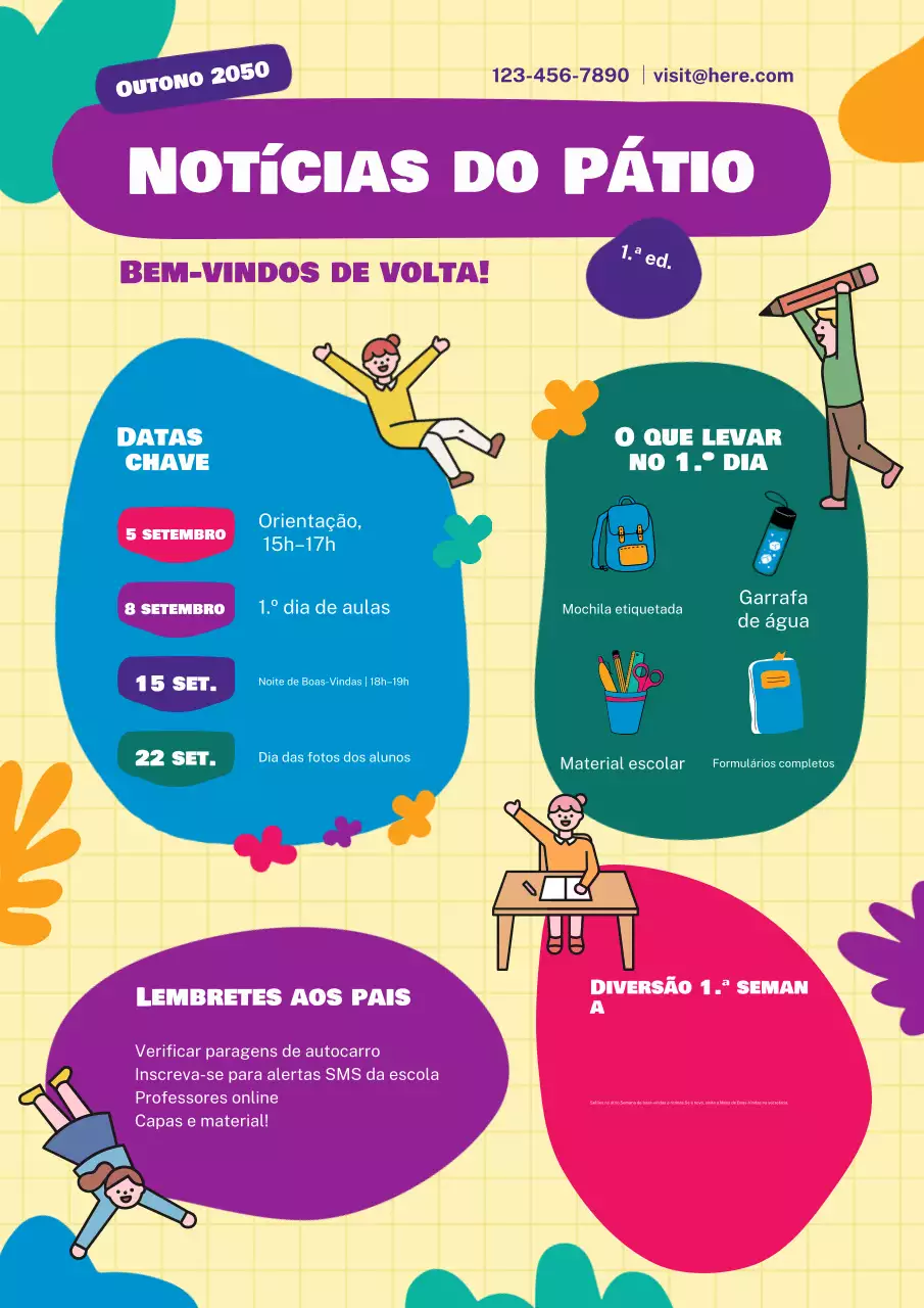 Cartaz de boletim informativo divertido e colorido de volta às aulas em azul e amarelo para o ensino fundamental