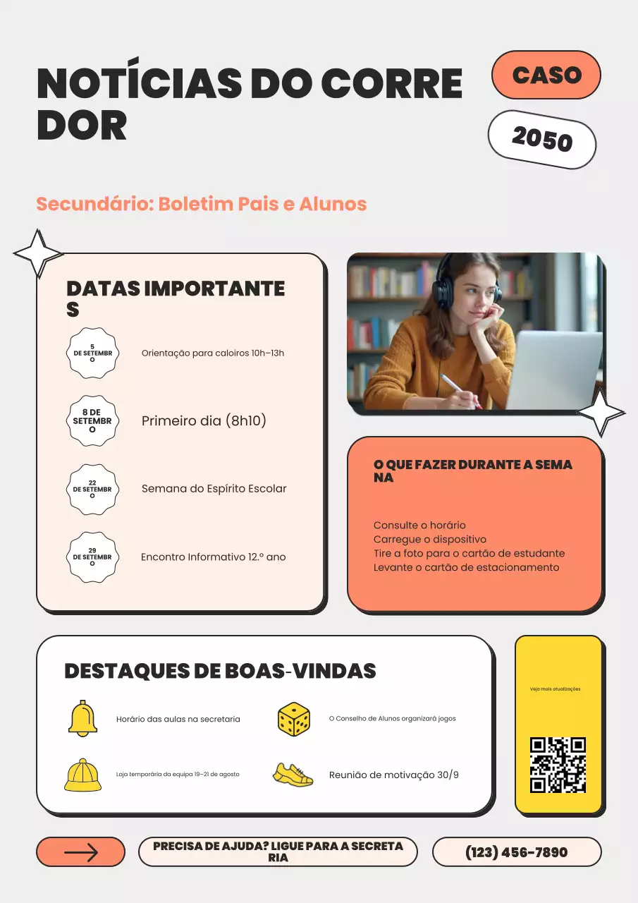 Cartaz de boletim informativo divertido e colorido de volta às aulas para o ensino médio em amarelo e verde