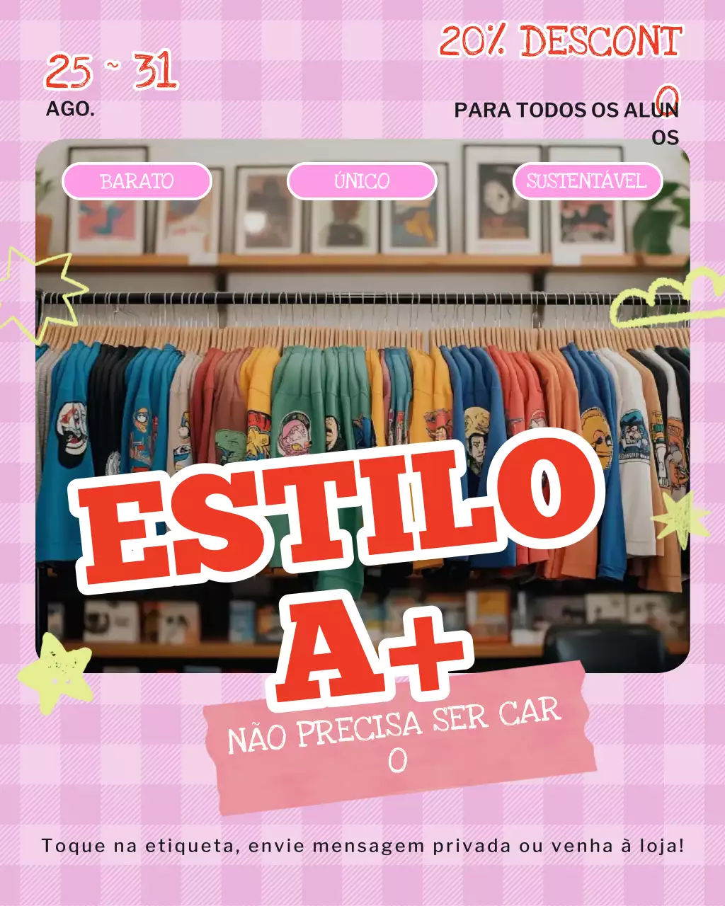 Postagem no Instagram sobre liquidação de artigos usados, vintage e modernos em rosa