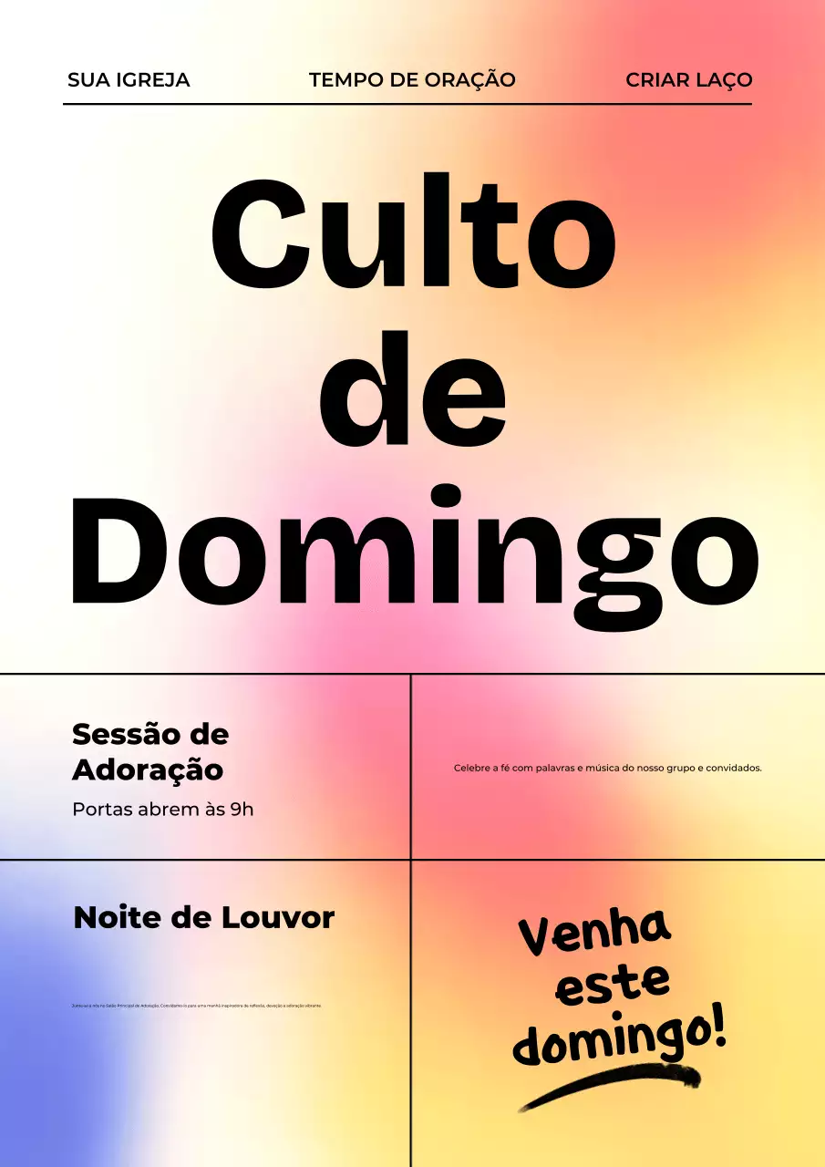 Cartaz de convite colorido para culto moderno