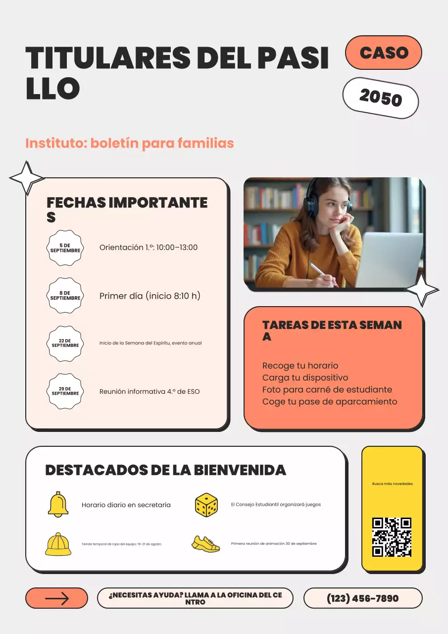 Póster del boletín informativo de regreso a clases de la escuela secundaria, divertido, colorido y amarillo, verde