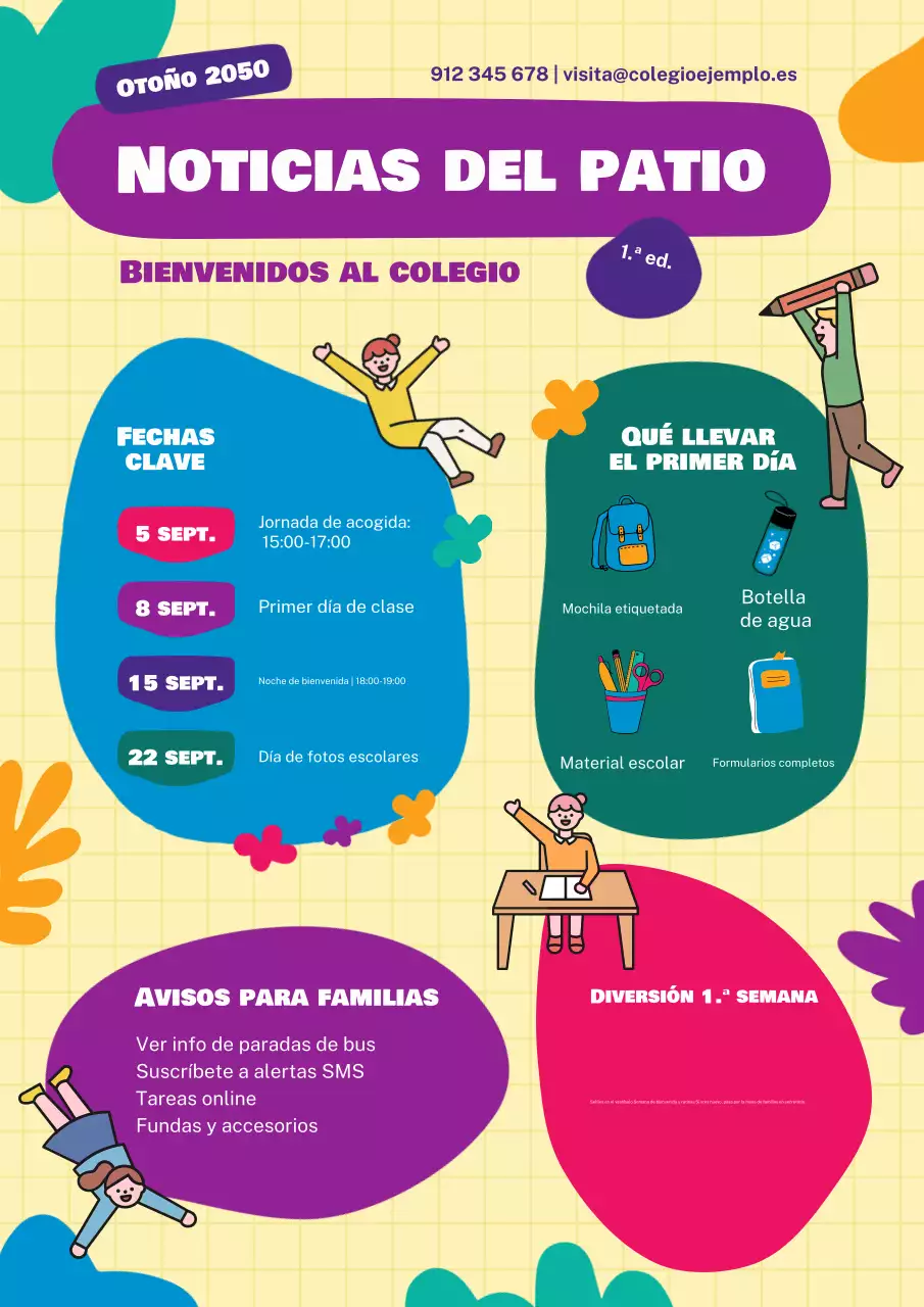 Póster azul y amarillo divertido y colorido del boletín de regreso a clases de la escuela primaria