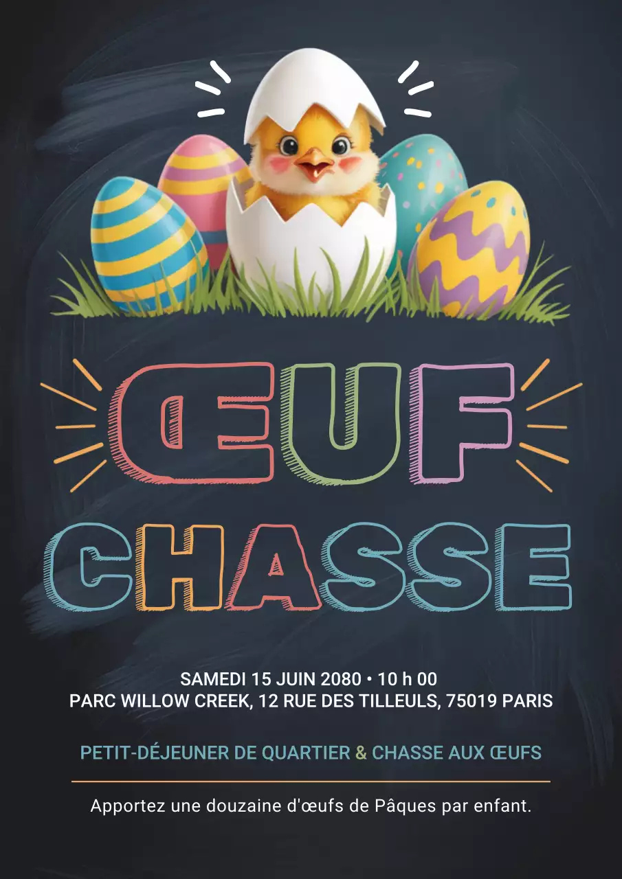 Affiche d'invitation à une chasse aux œufs ludique et colorée