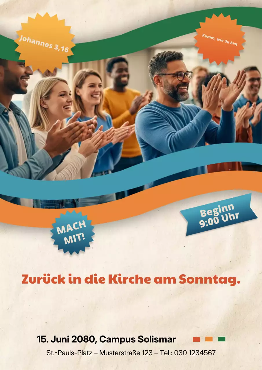 Orangefarbenes Poster zur Ankündigung moderner Kirchenveranstaltungen