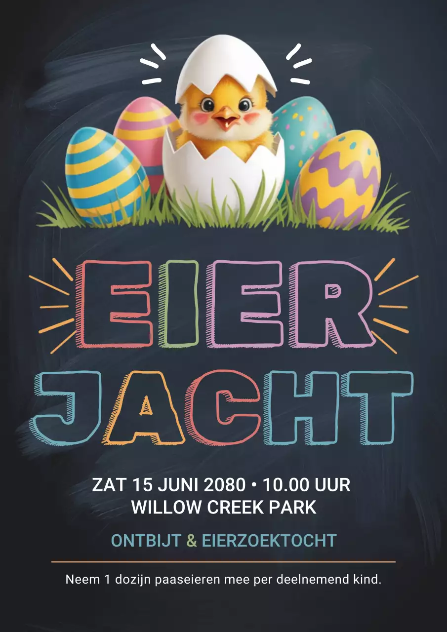 Kleurrijke, speelse uitnodigingsposter voor eieren zoeken