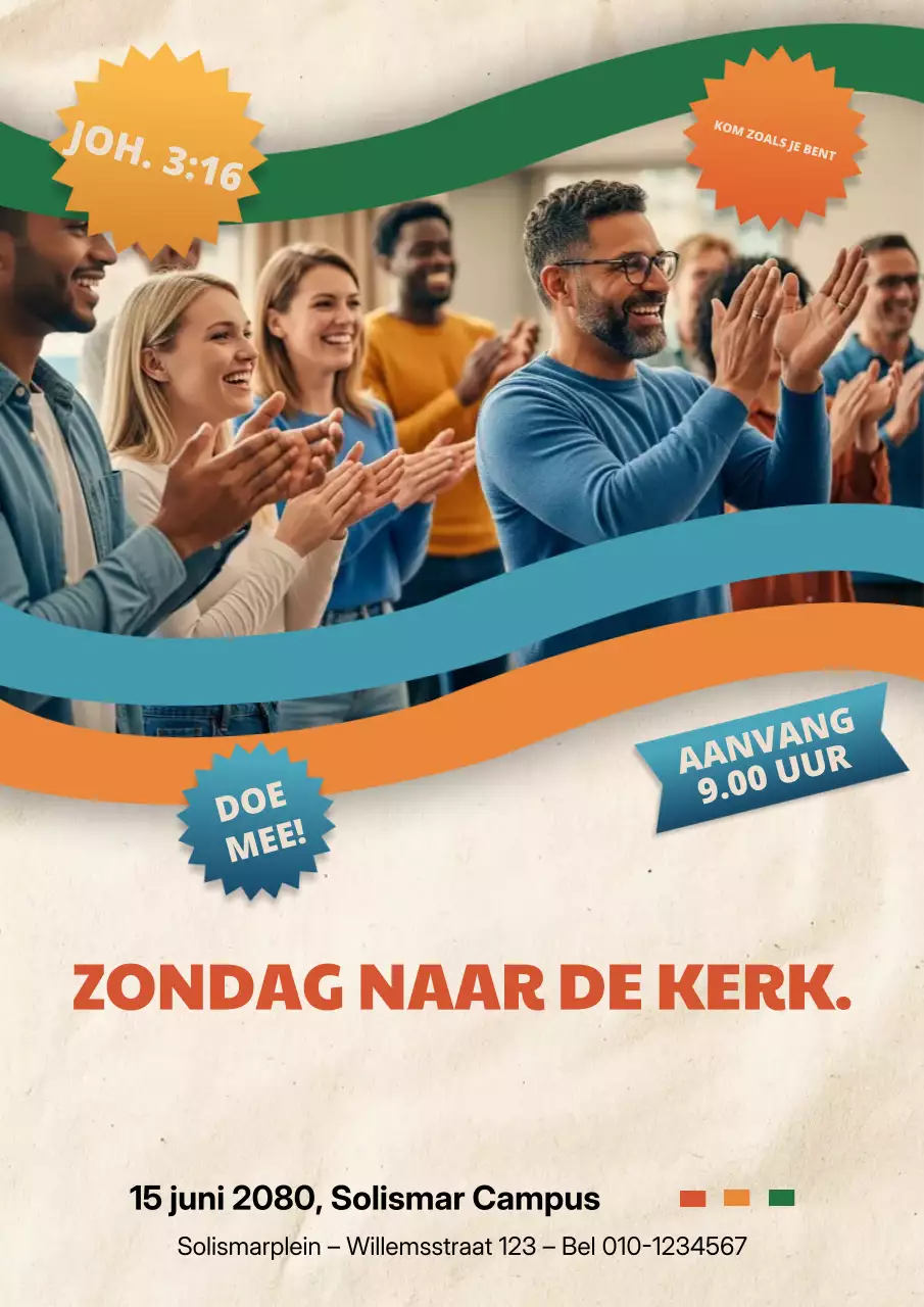 Oranje poster met aankondiging van een modern kerkevenement