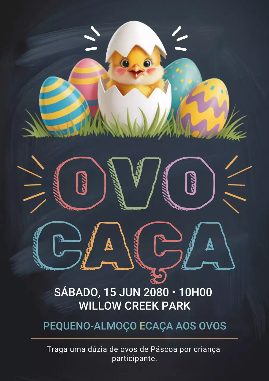 Cartaz de convite para caça aos ovos colorido e divertido