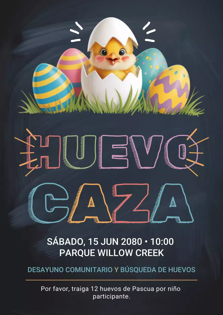 Póster de invitación a la búsqueda de huevos, colorido y divertido