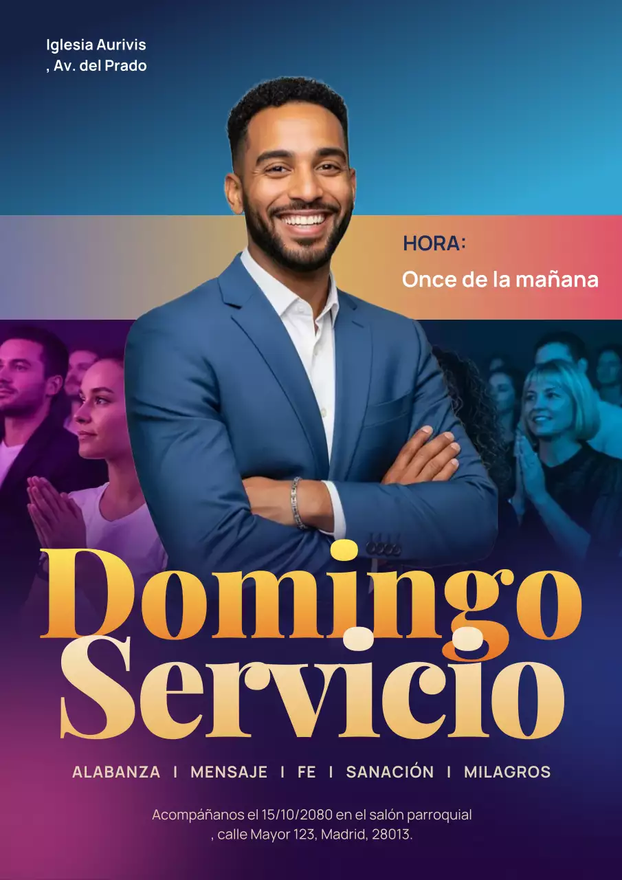 Cartel morado de anuncio de iglesia moderna