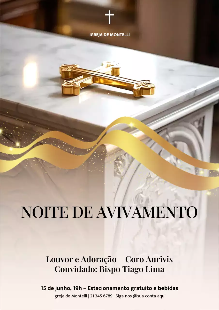Cartaz de anúncio de evento de igreja elegante dourado