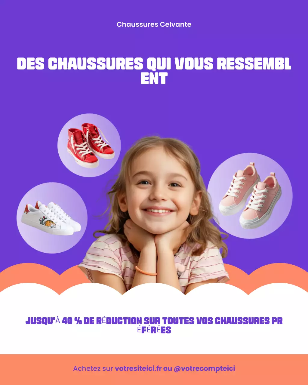 Publication Instagram promotionnelle pour la rentrée scolaire, vêtements violets et blancs audacieux et ludiques