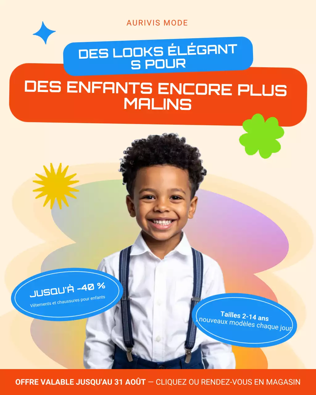 Publication Instagram promotionnelle sur les vêtements ludiques orange et bleus pour la rentrée scolaire