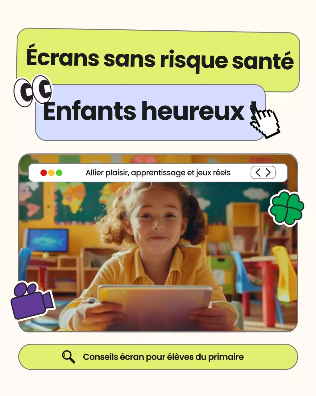 Guide parental illustré et vert et bleu pour le temps passé devant un écran : publication sur le carrousel Instagram