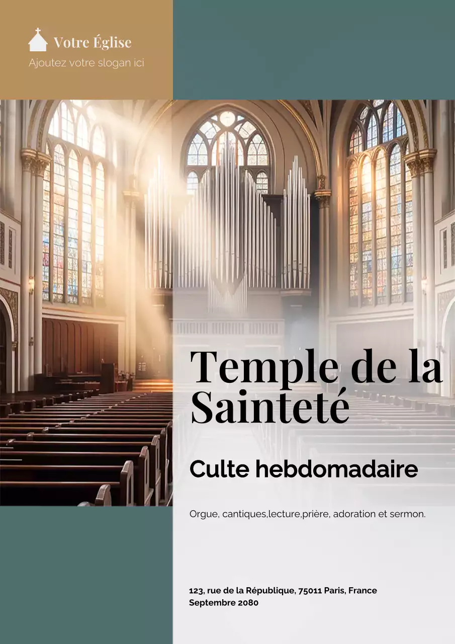 Affiche d'annonce de culte classique verte et jaune