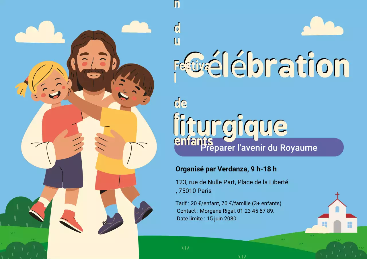 Affiche d'invitation au culte pour enfants ludiques bleus