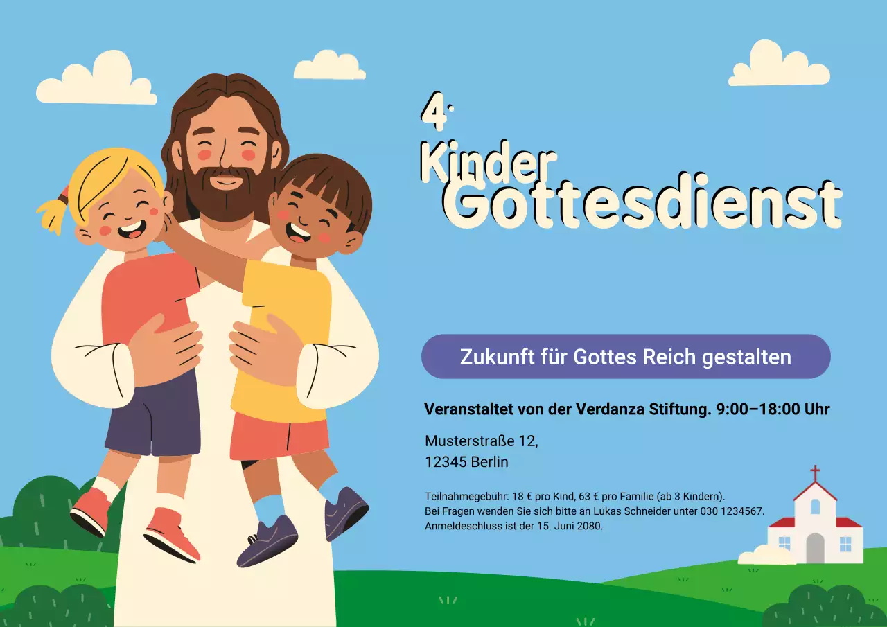 Blaue, spielerische Einladung zum Gottesdienst für Kinder Poster