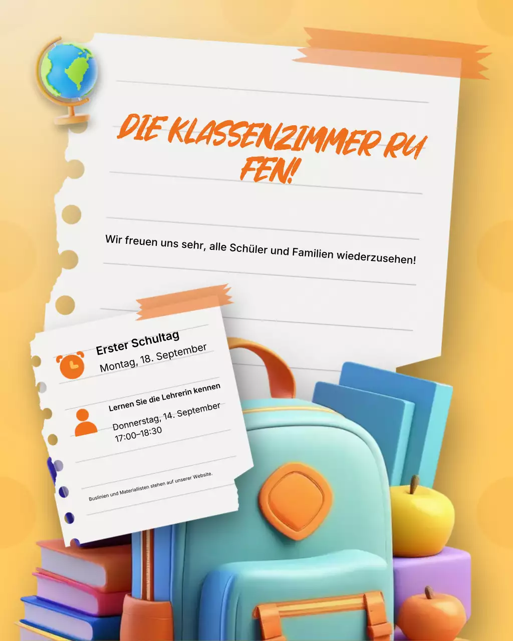 Orangefarbener und gelber 3D-Instagram-Beitrag mit farbenfrohen Ankündigungen zum Schulanfang
