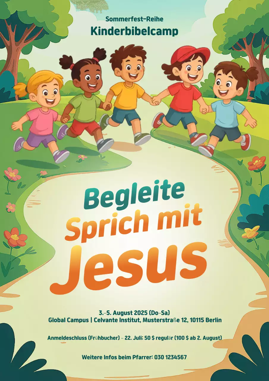 Grünes, verspieltes Kindercamp-Ankündigungsplakat