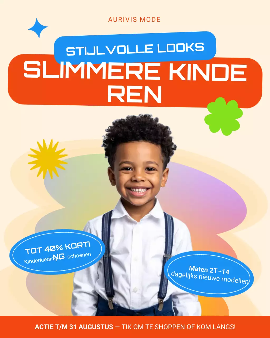 Instagram-bericht met speelse oranje en blauwe kleding ter promotie van het nieuwe schooljaar