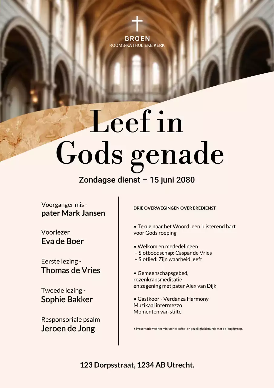 Beige poster met traditionele eredienstaankondiging