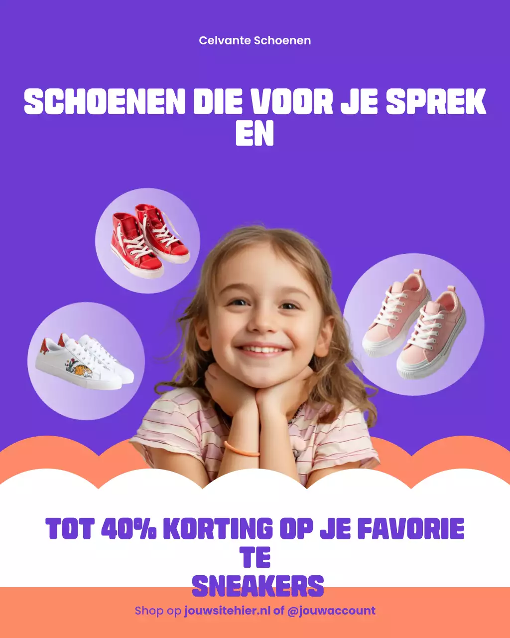 Instagram-bericht met paars-witte, opvallende en speelse kleding ter promotie van het nieuwe schooljaar