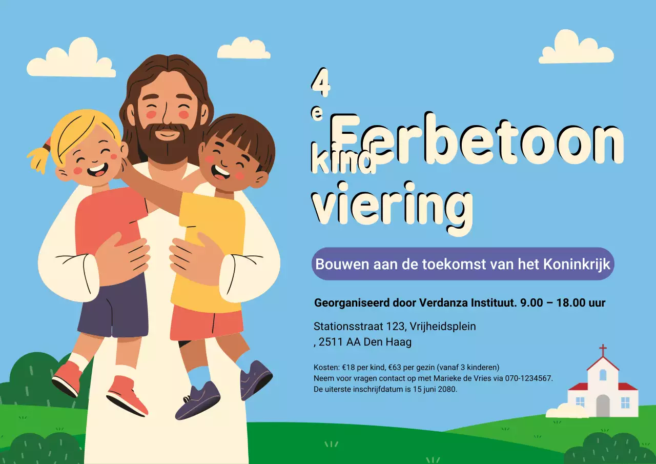 Blauwe speelse uitnodigingsposter voor kinderdienst