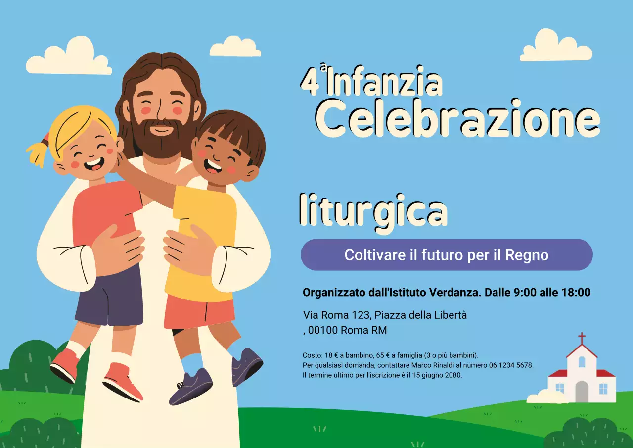 Manifesto di invito al culto per bambini giocosi blu