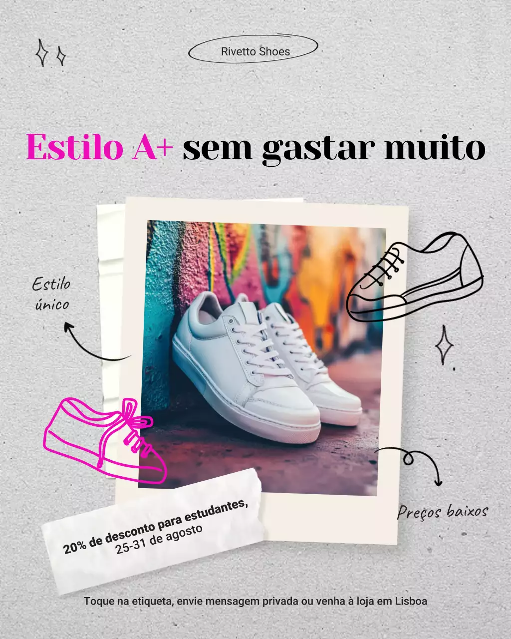Postagem no Instagram de promoção de volta às aulas em brechó vintage bege e preto