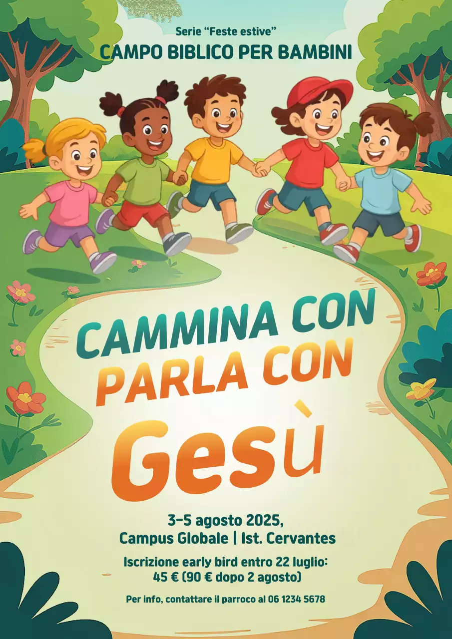 Manifesto dell'annuncio del campo estivo per bambini giocosi e verdi