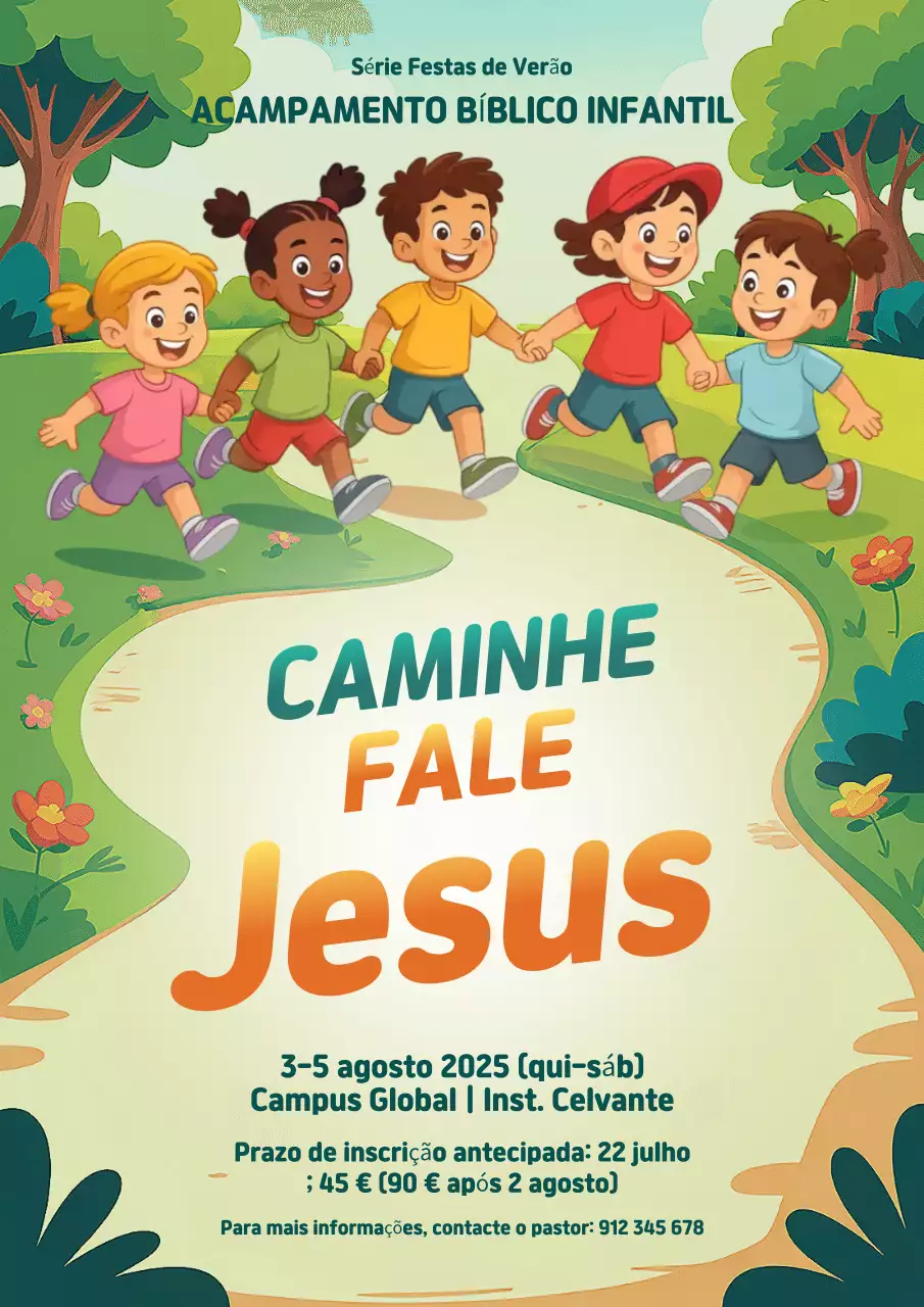Cartaz de anúncio do acampamento infantil verde e divertido