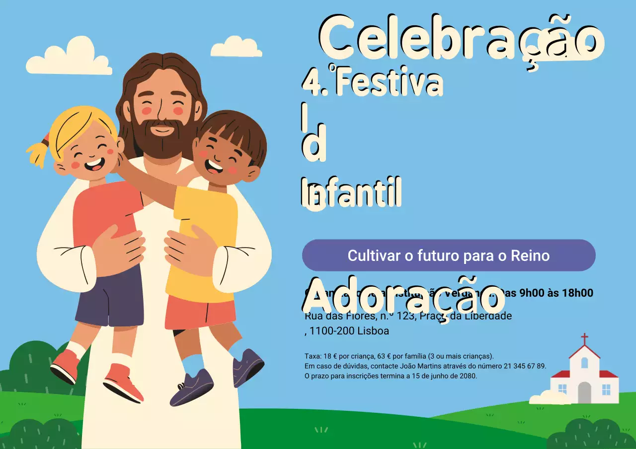 Cartaz de convite para culto infantil lúdico em azul
