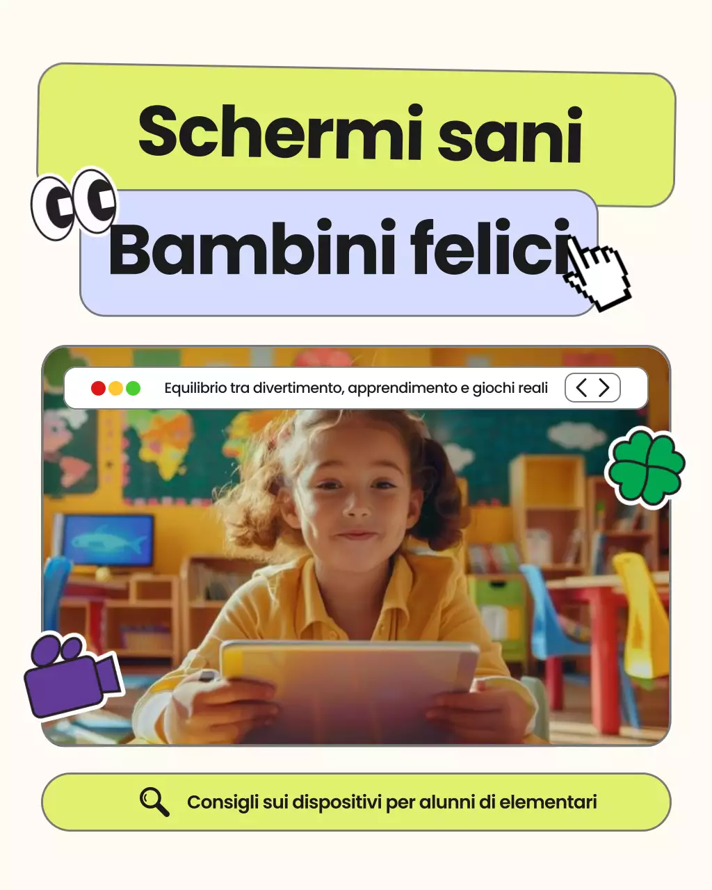 Post carosello di Instagram con guida illustrativa e carina per genitori che trascorrono il tempo davanti allo schermo, in verde e blu