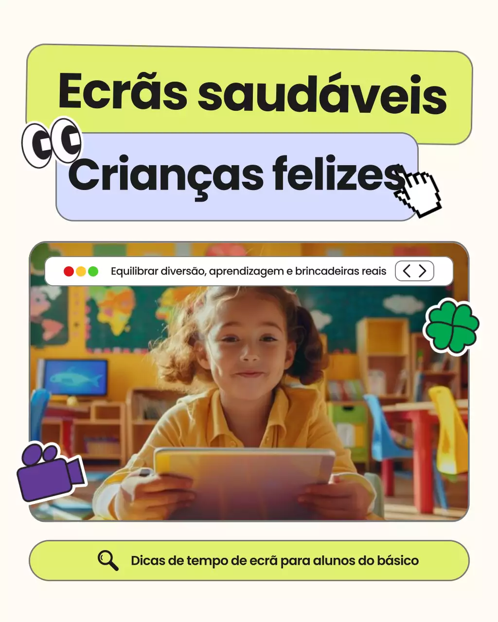 Guia para pais sobre tempo de tela, verde e azul, postagem em carrossel do Instagram