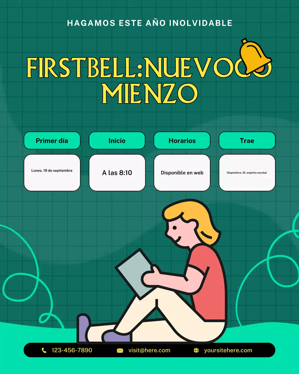 Publicación de Instagram con anuncios llamativos de regreso a clases en amarillo y verde azulado neón