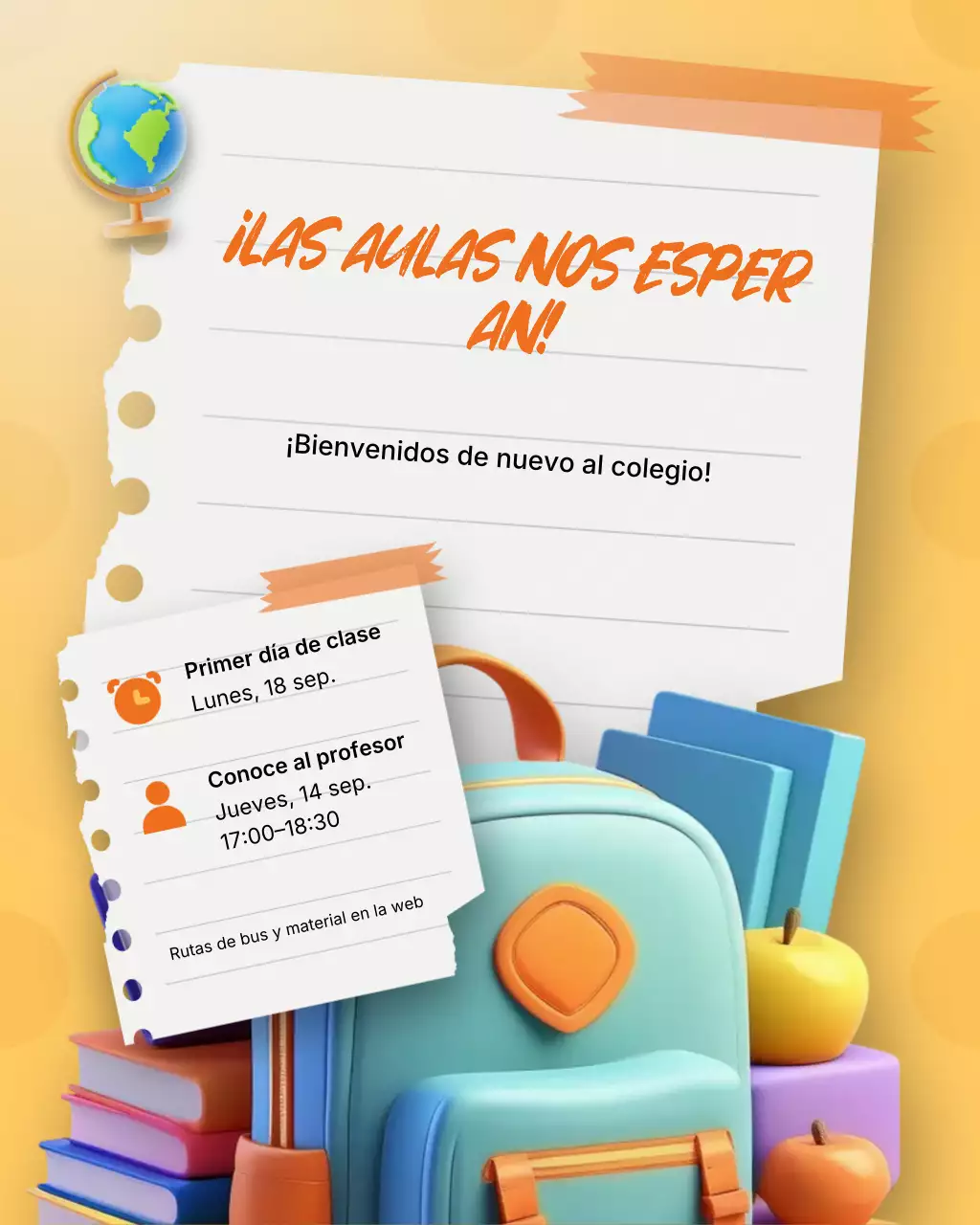 Publicación de Instagram con anuncios de regreso a clases en 3D, naranja y amarillo