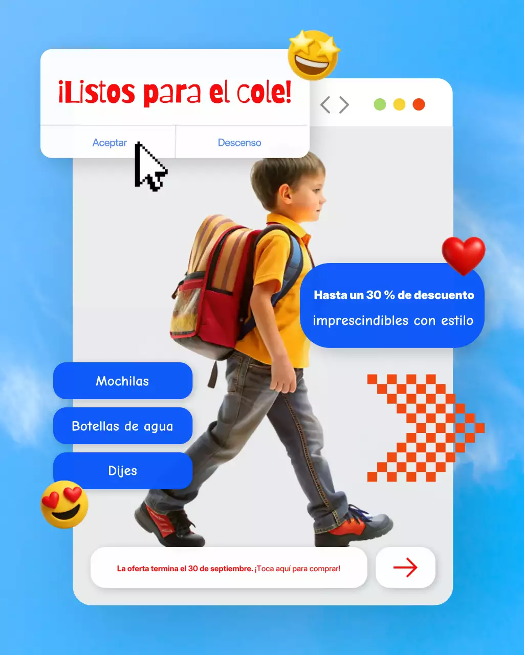 Publicación de Instagram con una moderna interfaz de usuario y experiencia de usuario (UI) en azul y blanco para promocionar el regreso a clases.