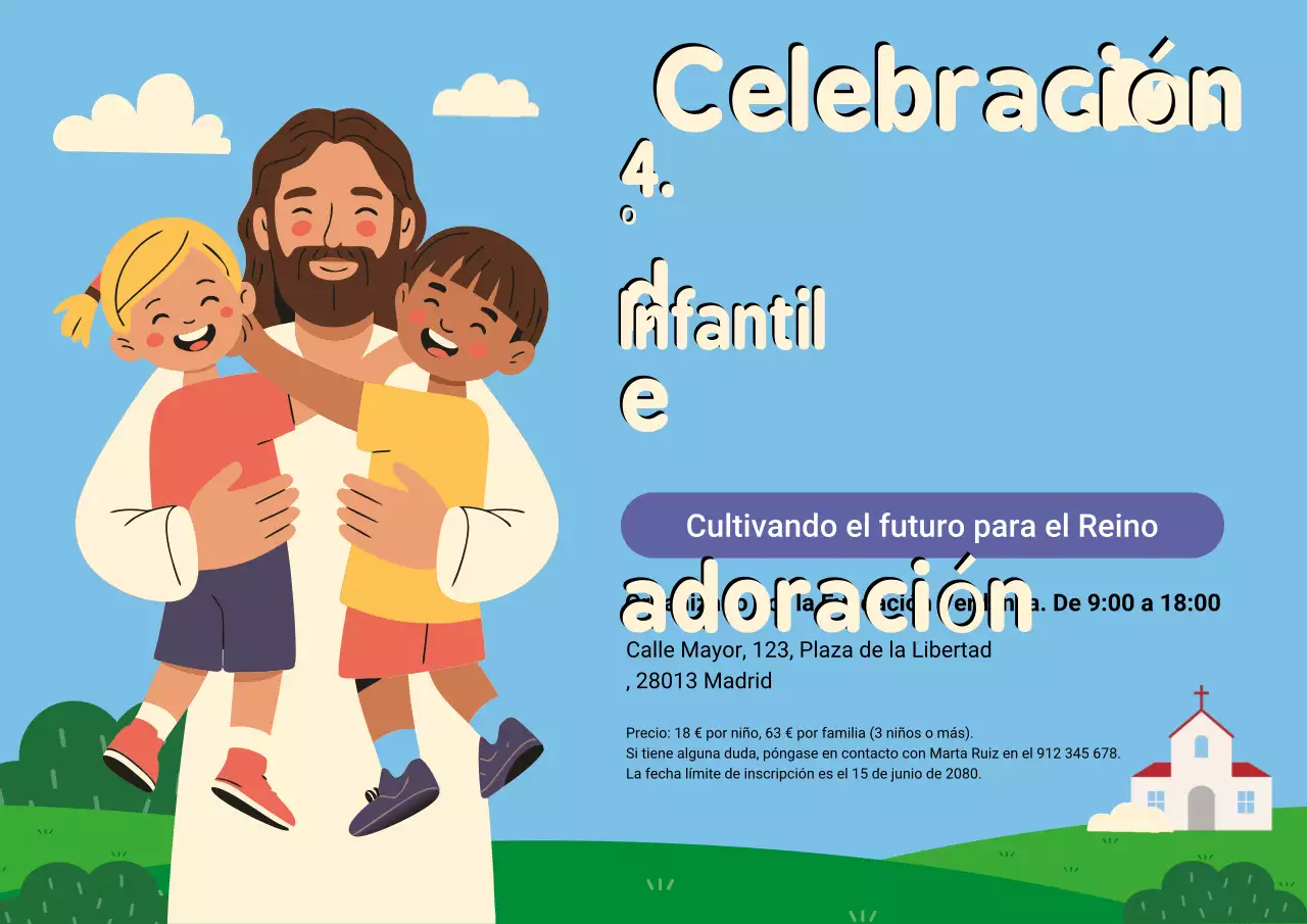 Póster de invitación al culto infantil azul y juguetón