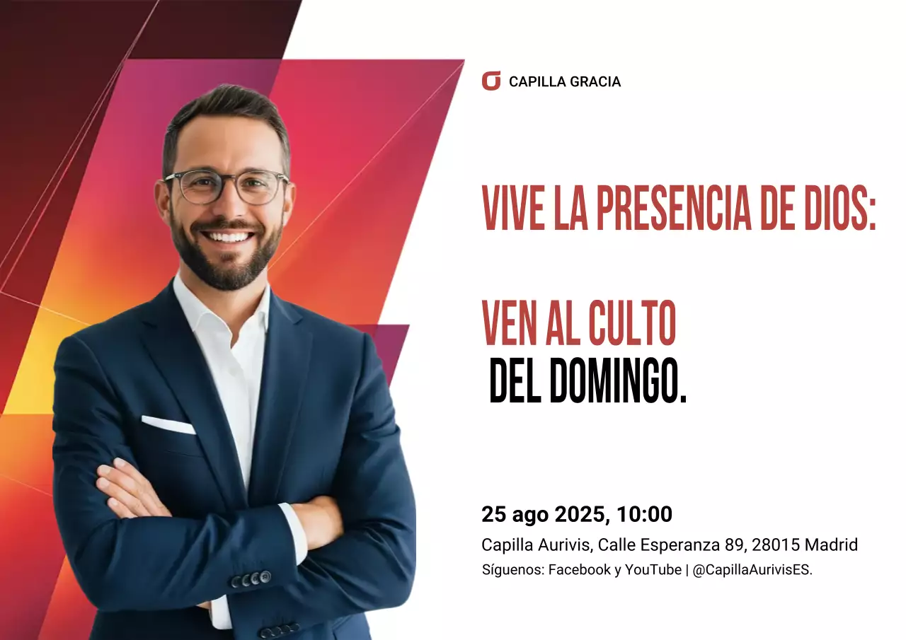 Póster rojo de invitación al culto moderno