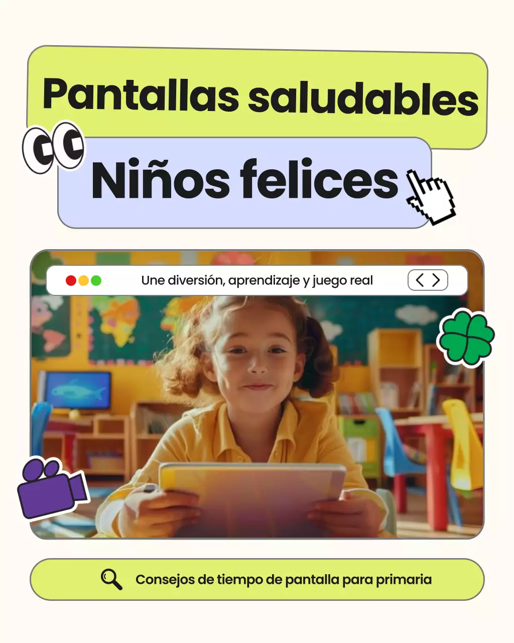 Guía ilustrativa para padres sobre el tiempo de pantalla en verde y azul (publicación en carrusel de Instagram)