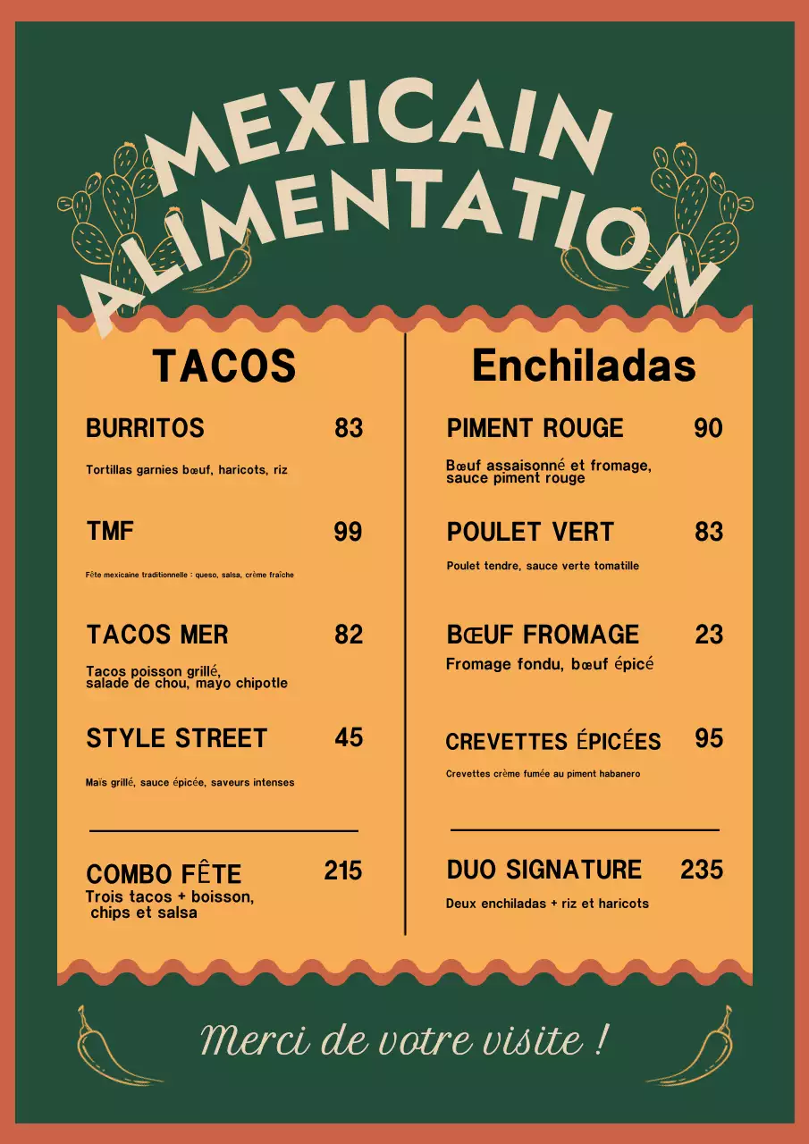 Affiche de présentation de menu mexicain rétro vert