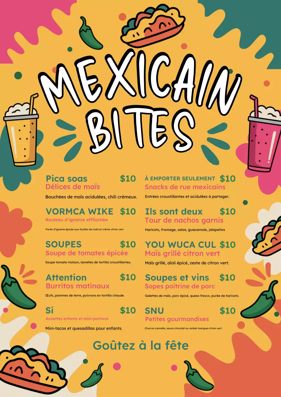 Affiche promotionnelle colorée de menu mexicain rétro
