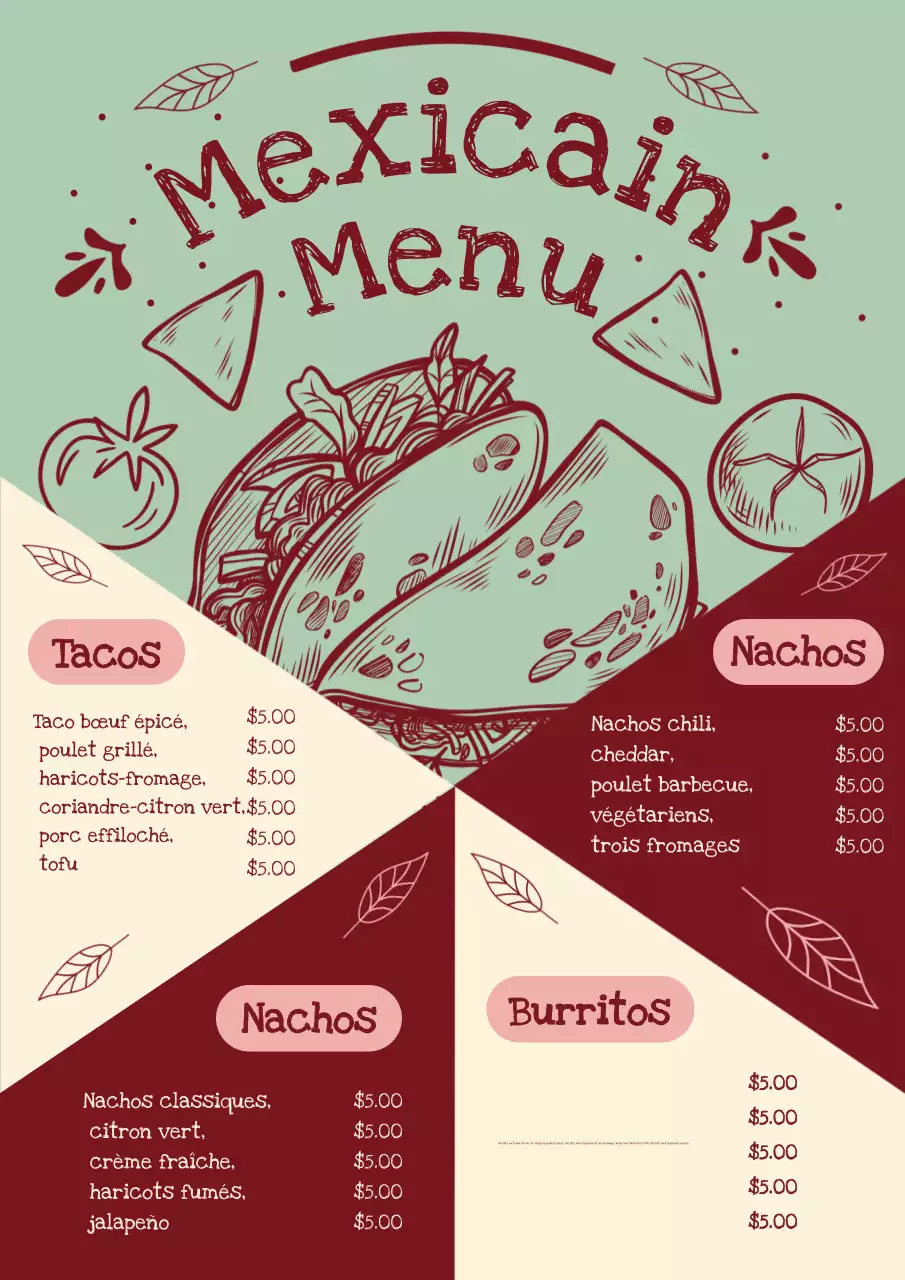 Affiche de menu mexicain vintage verte